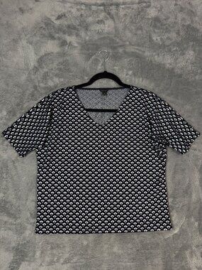Ann Taylor Women's Navy Blue White Geometric V-Neck Knit Top Size Small Stretch